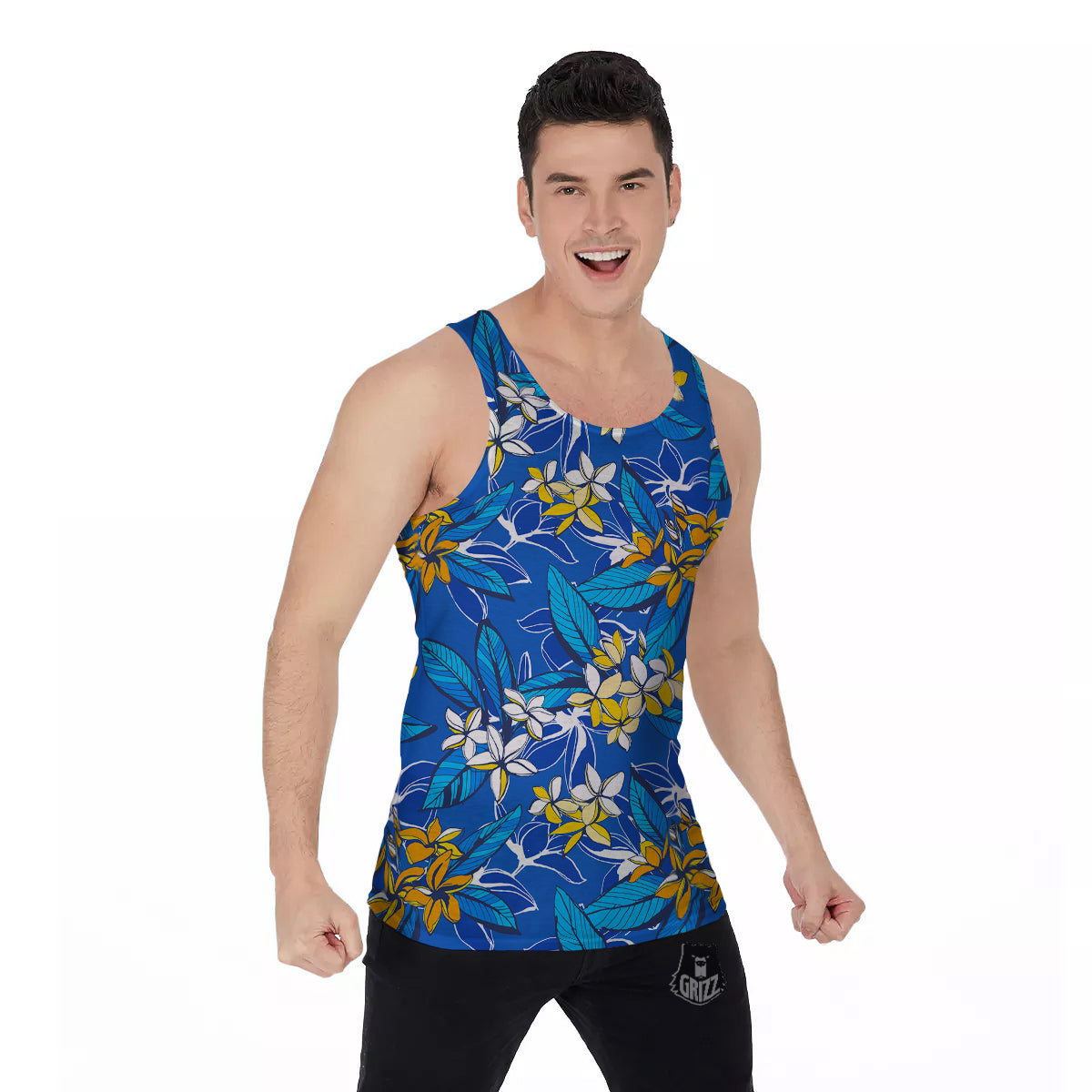 Plumeria Flower Yellow And White Blue Print Pattern Men's Tank Top-grizzshop