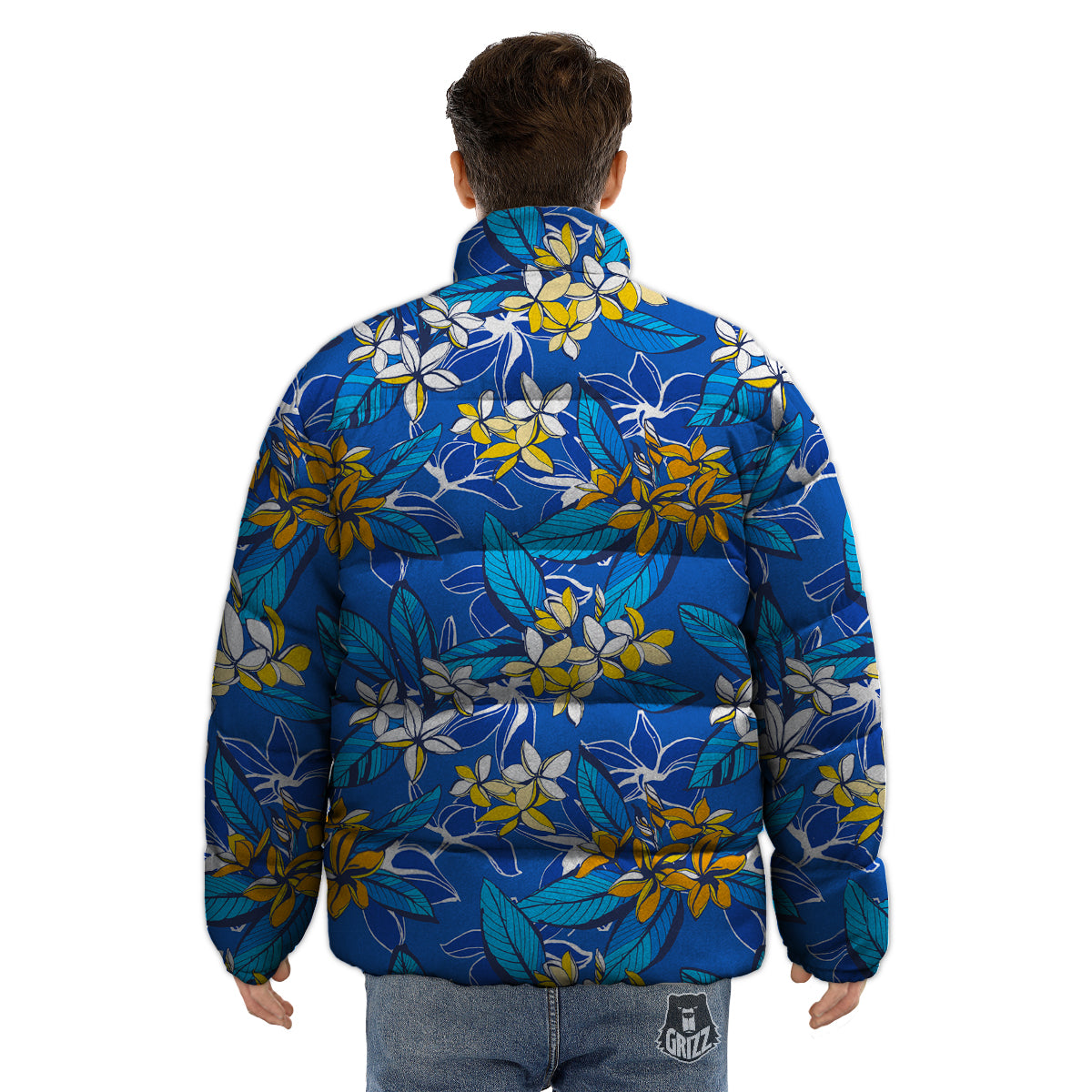 Plumeria Flower Yellow And White Blue Print Pattern Puffer Jacket-grizzshop