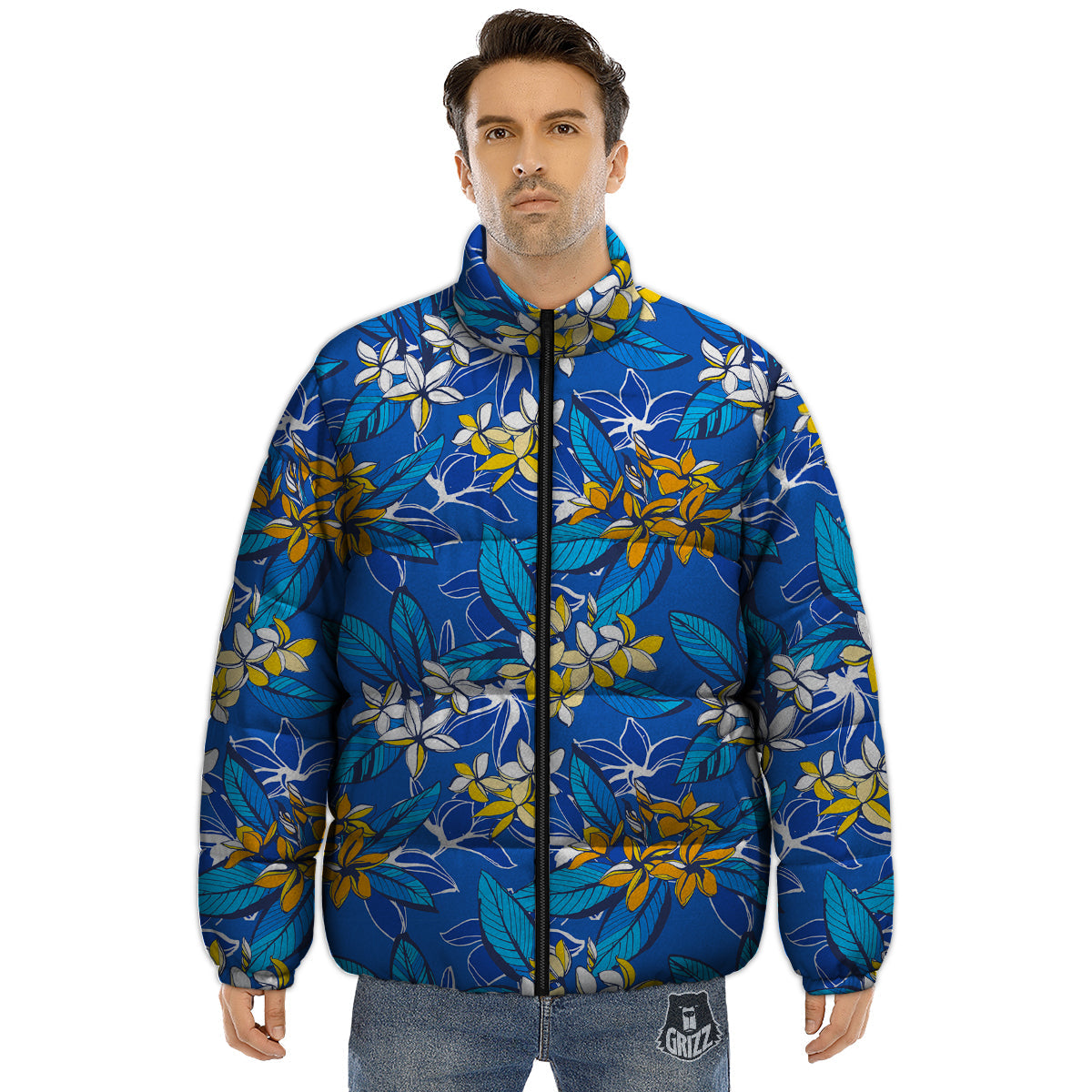 Plumeria Flower Yellow And White Blue Print Pattern Puffer Jacket-grizzshop