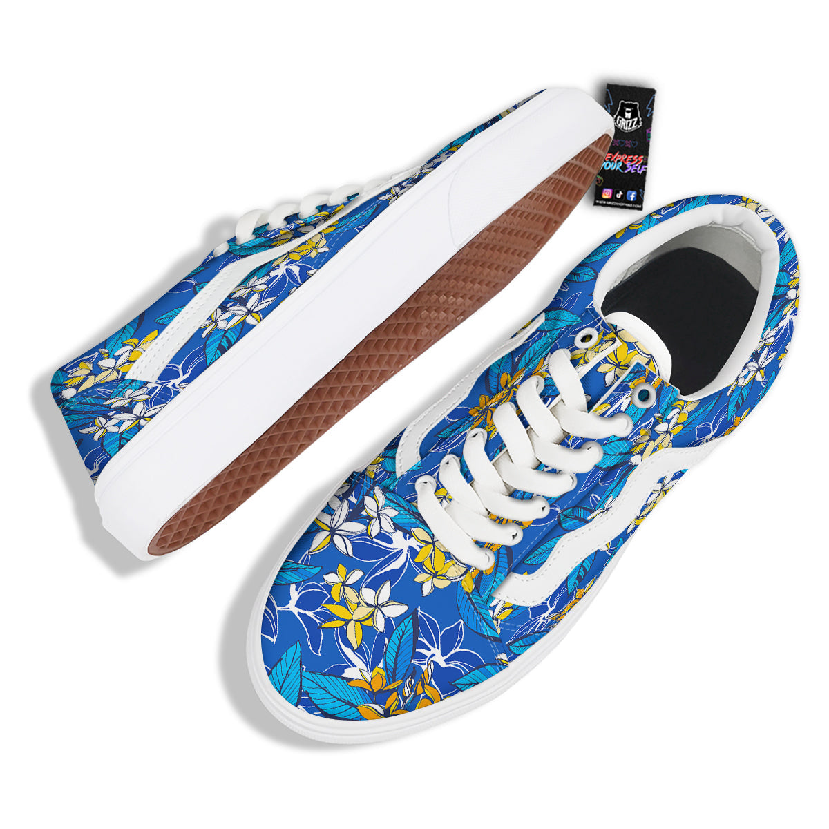 Plumeria Flower Yellow And White Blue Print Pattern Skate Shoes-grizzshop