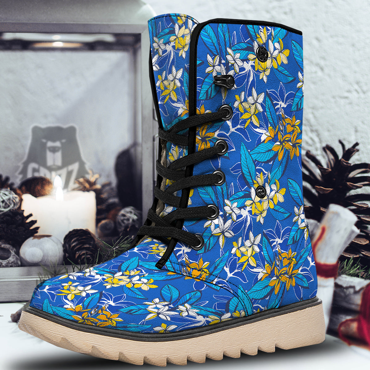 Plumeria Flower Yellow And White Blue Print Pattern Snow Boots-grizzshop