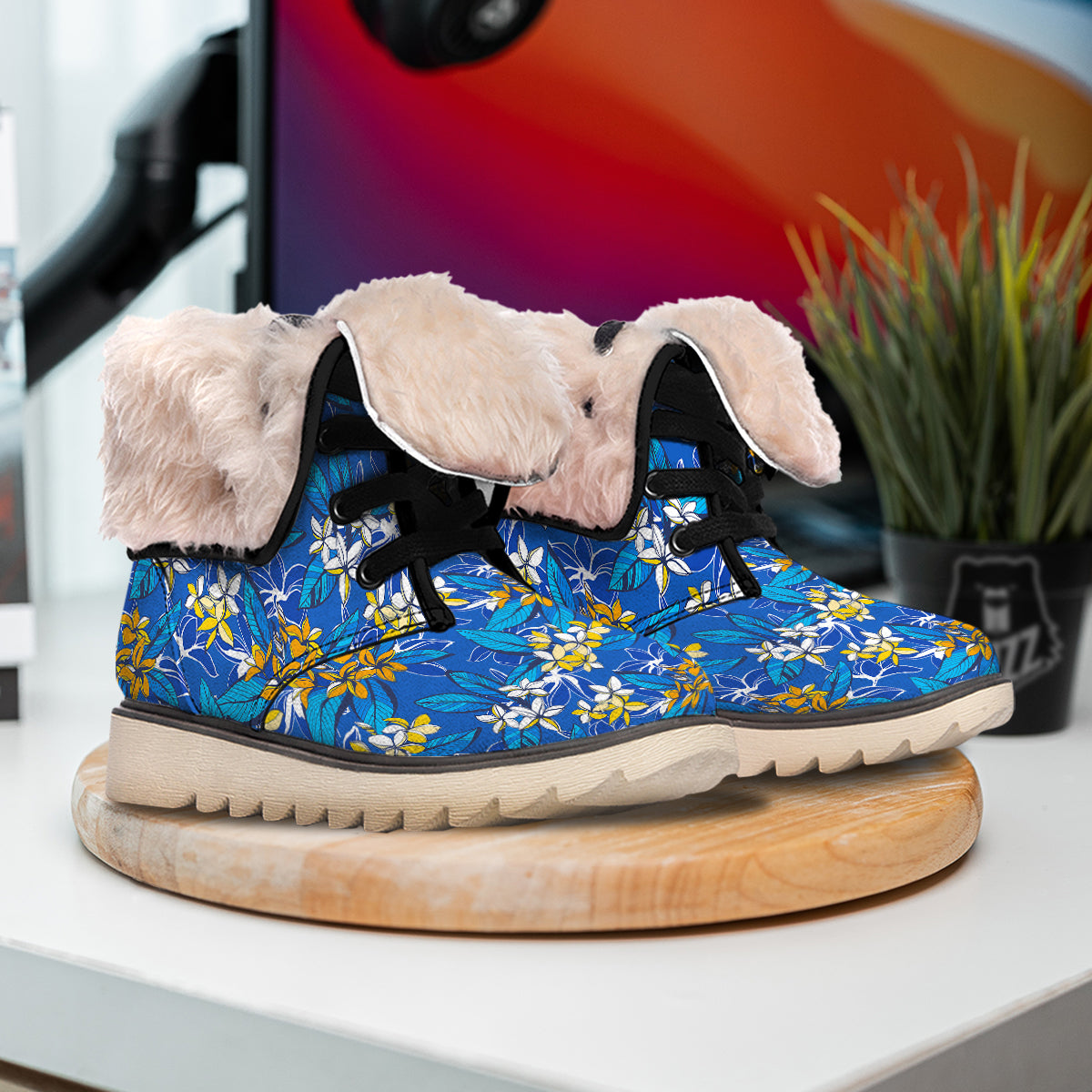 Plumeria Flower Yellow And White Blue Print Pattern Snow Boots-grizzshop