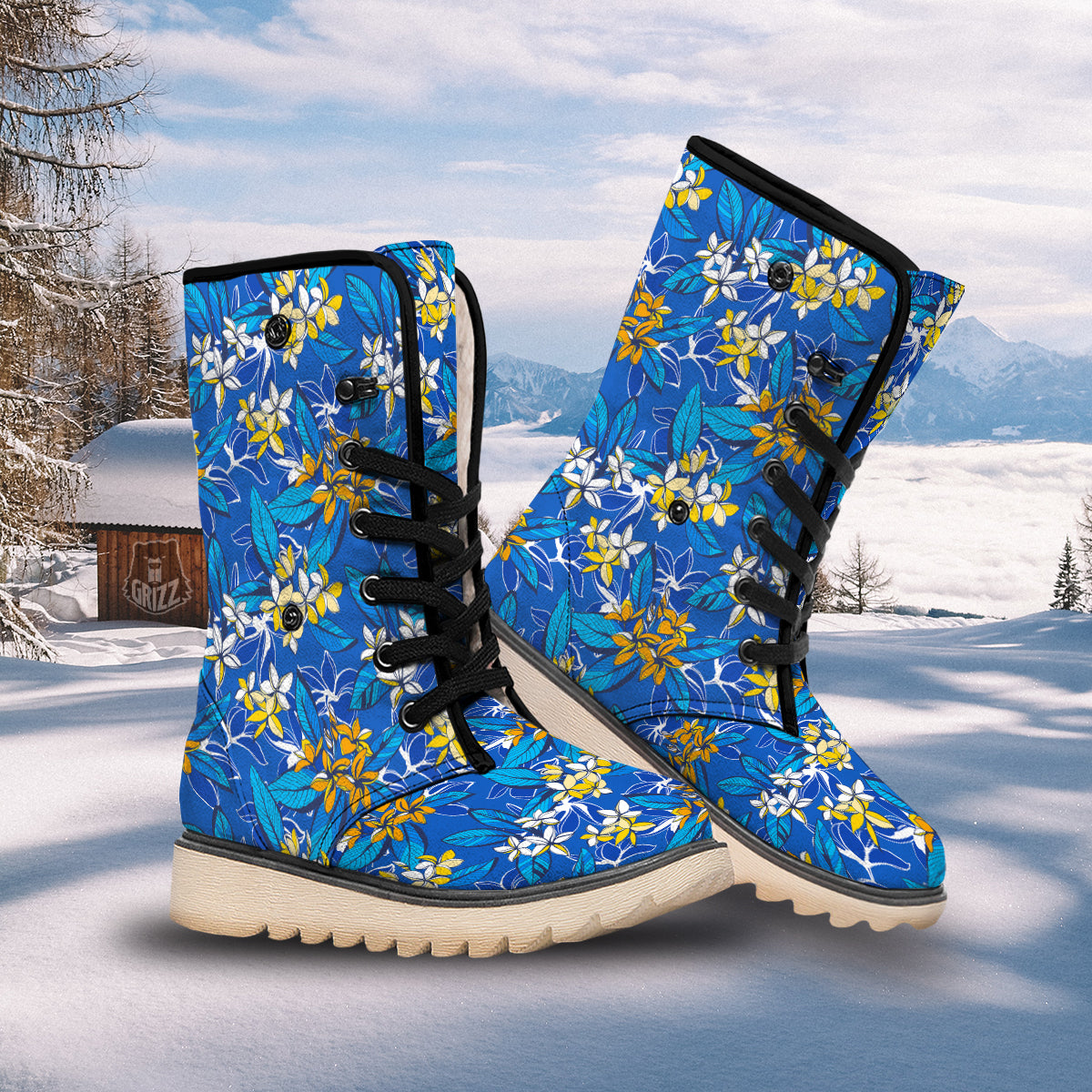 Plumeria Flower Yellow And White Blue Print Pattern Snow Boots-grizzshop