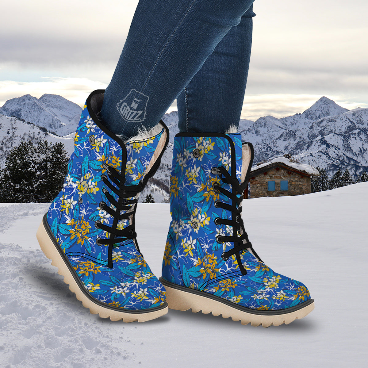 Plumeria Flower Yellow And White Blue Print Pattern Snow Boots-grizzshop