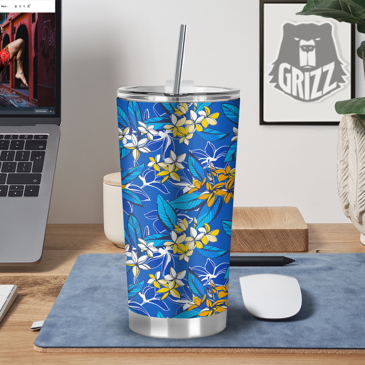 Plumeria Flower Yellow And White Blue Print Pattern Tumbler-grizzshop