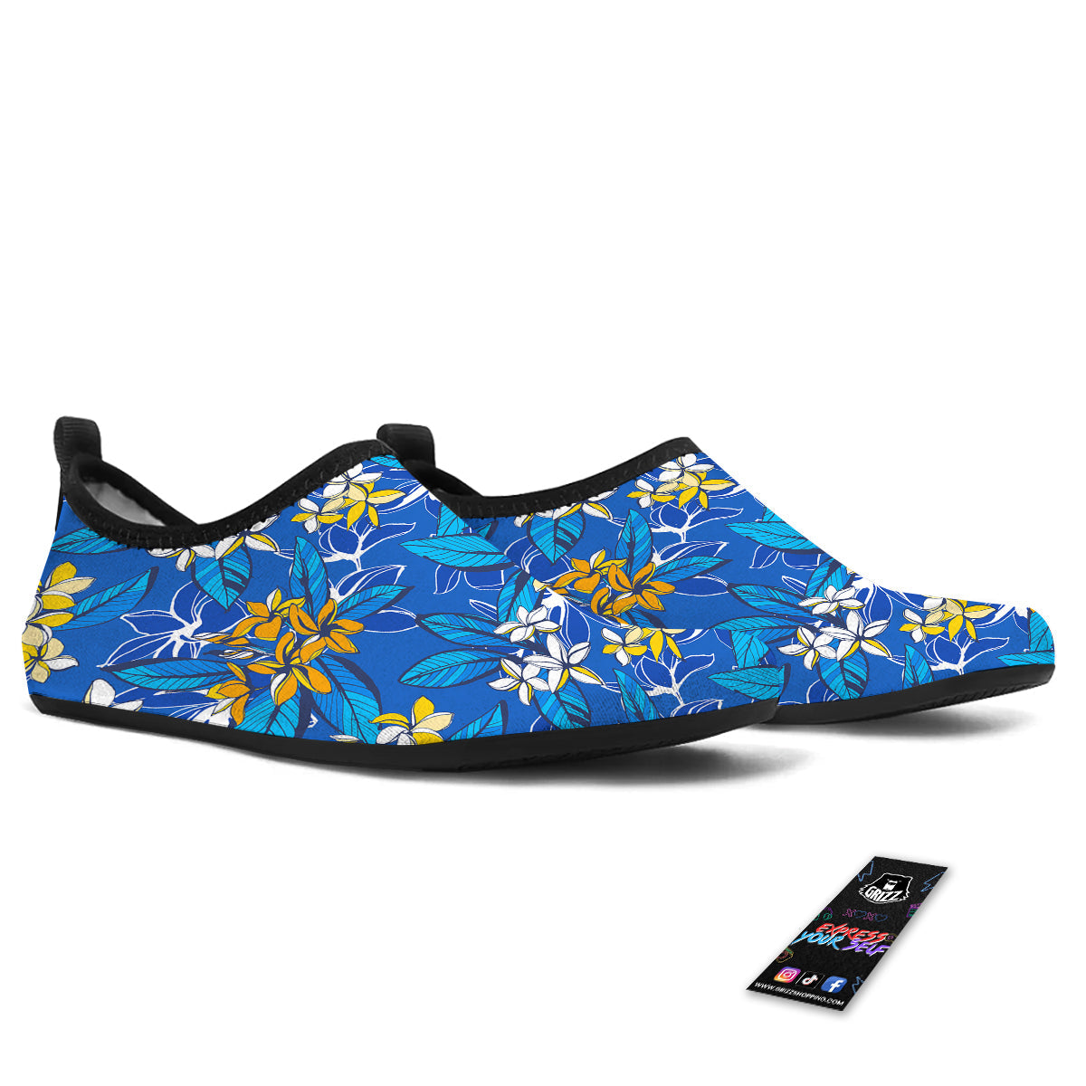 Plumeria Flower Yellow And White Blue Print Pattern Water Shoes-grizzshop