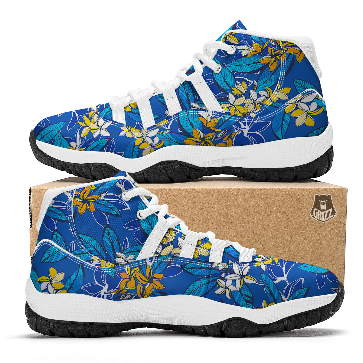 Plumeria Flower Yellow And White Blue Print Pattern White Bball Shoes-grizzshop