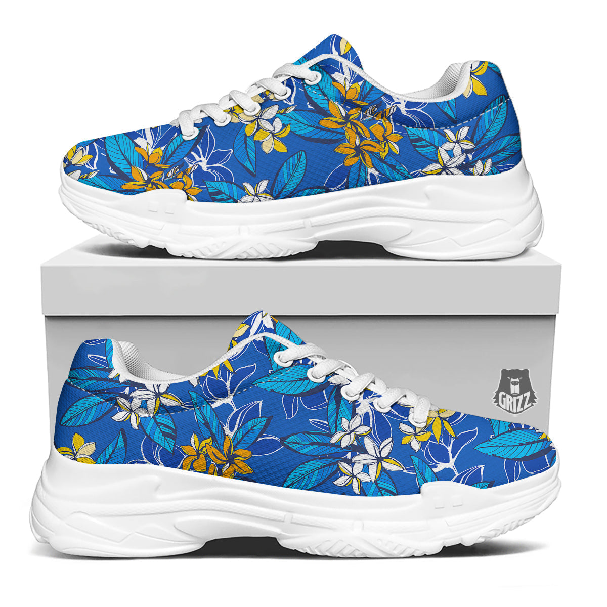 Plumeria Flower Yellow And White Blue Print Pattern White Chunky Shoes-grizzshop