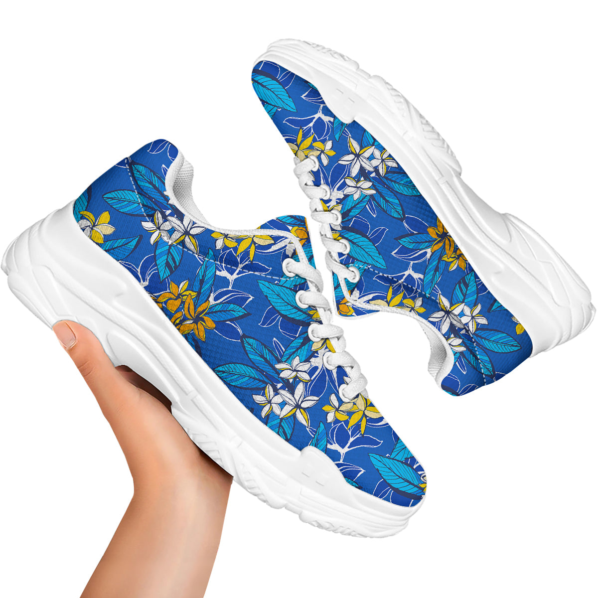 Plumeria Flower Yellow And White Blue Print Pattern White Chunky Shoes-grizzshop