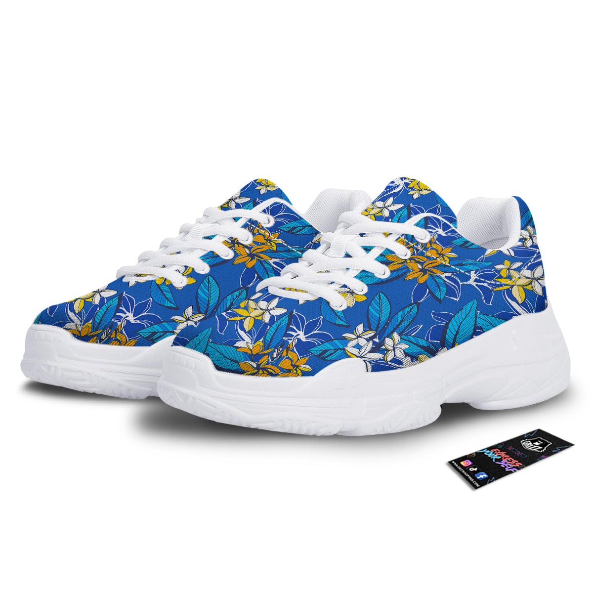 Plumeria Flower Yellow And White Blue Print Pattern White Chunky Shoes-grizzshop