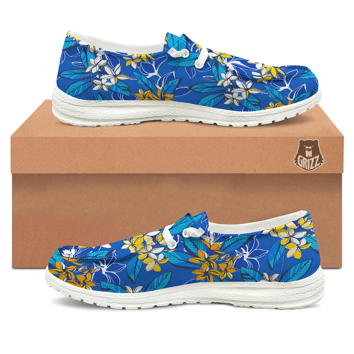 Plumeria Flower Yellow And White Blue Print Pattern White Loafers-grizzshop