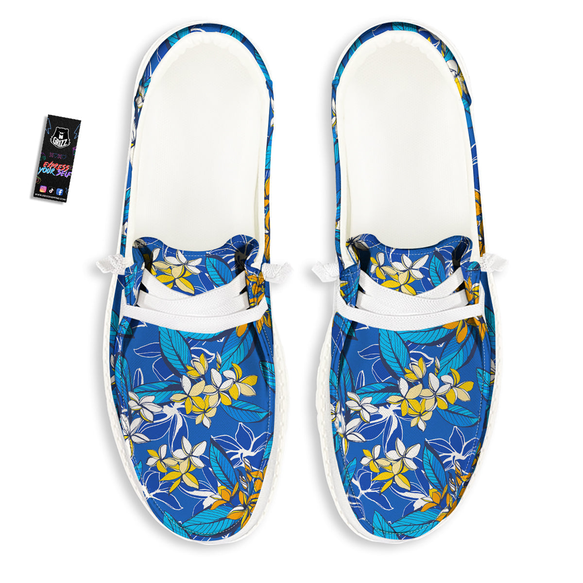 Plumeria Flower Yellow And White Blue Print Pattern White Loafers-grizzshop