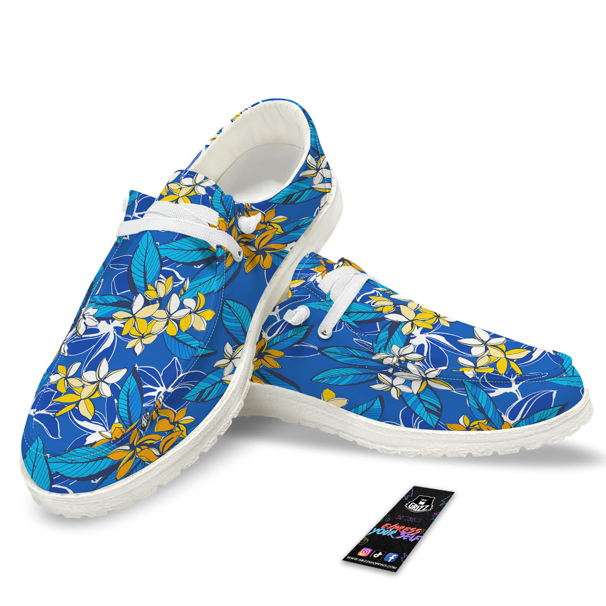 Plumeria Flower Yellow And White Blue Print Pattern White Loafers-grizzshop