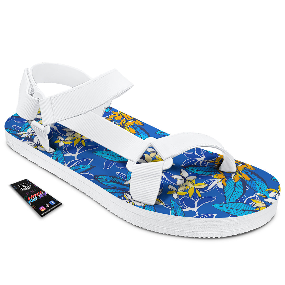 Plumeria Flower Yellow And White Blue Print Pattern White Open Toe Sandals-grizzshop