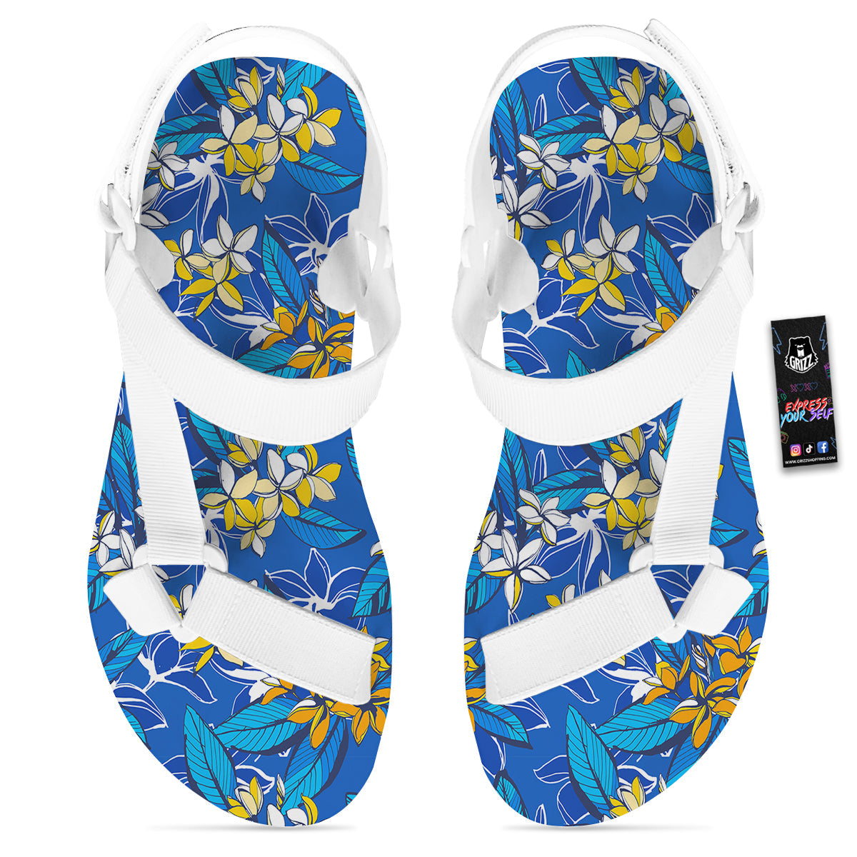Plumeria Flower Yellow And White Blue Print Pattern White Open Toe Sandals-grizzshop