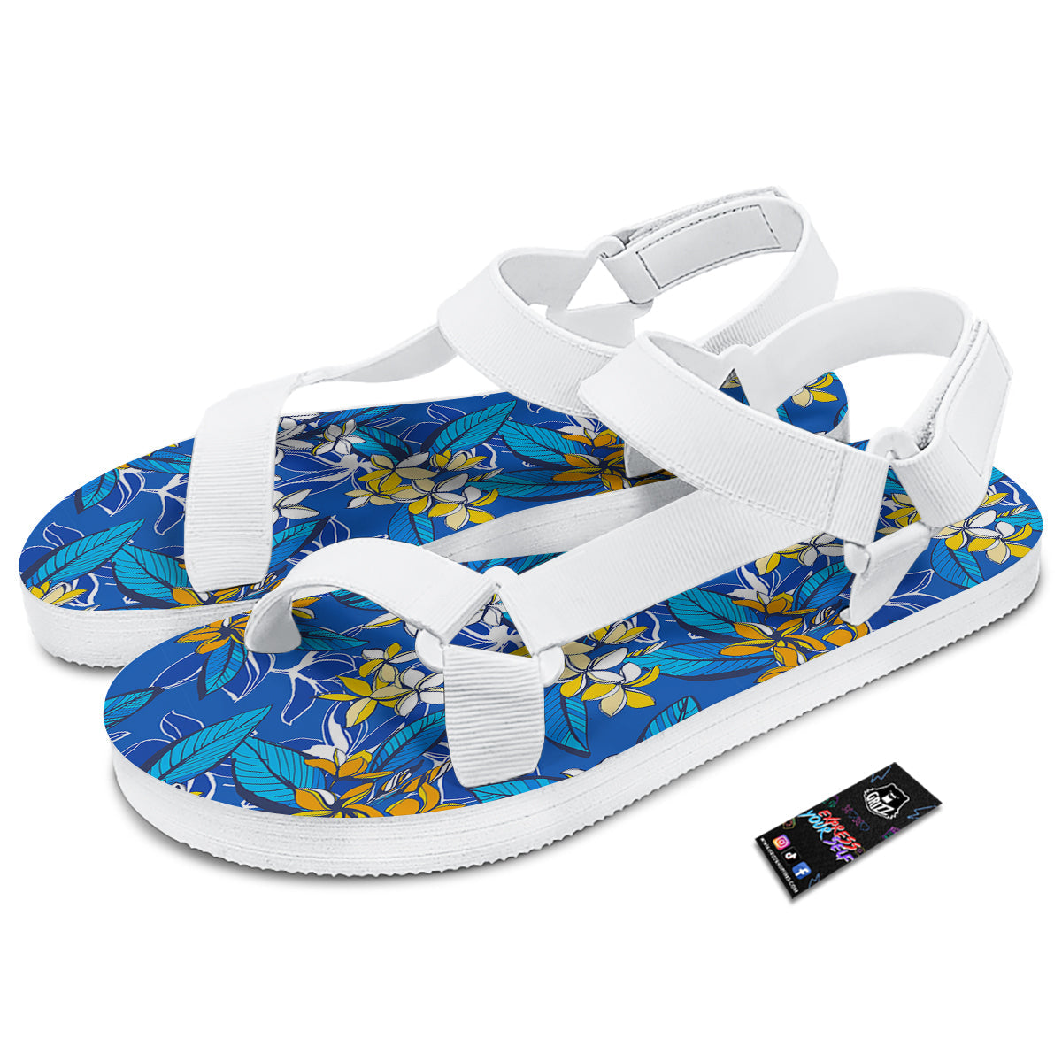 Plumeria Flower Yellow And White Blue Print Pattern White Open Toe Sandals-grizzshop