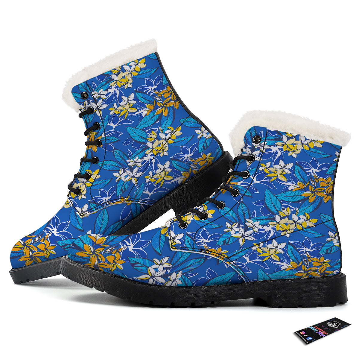 Plumeria Flower Yellow And White Blue Print Pattern Winter Boots-grizzshop