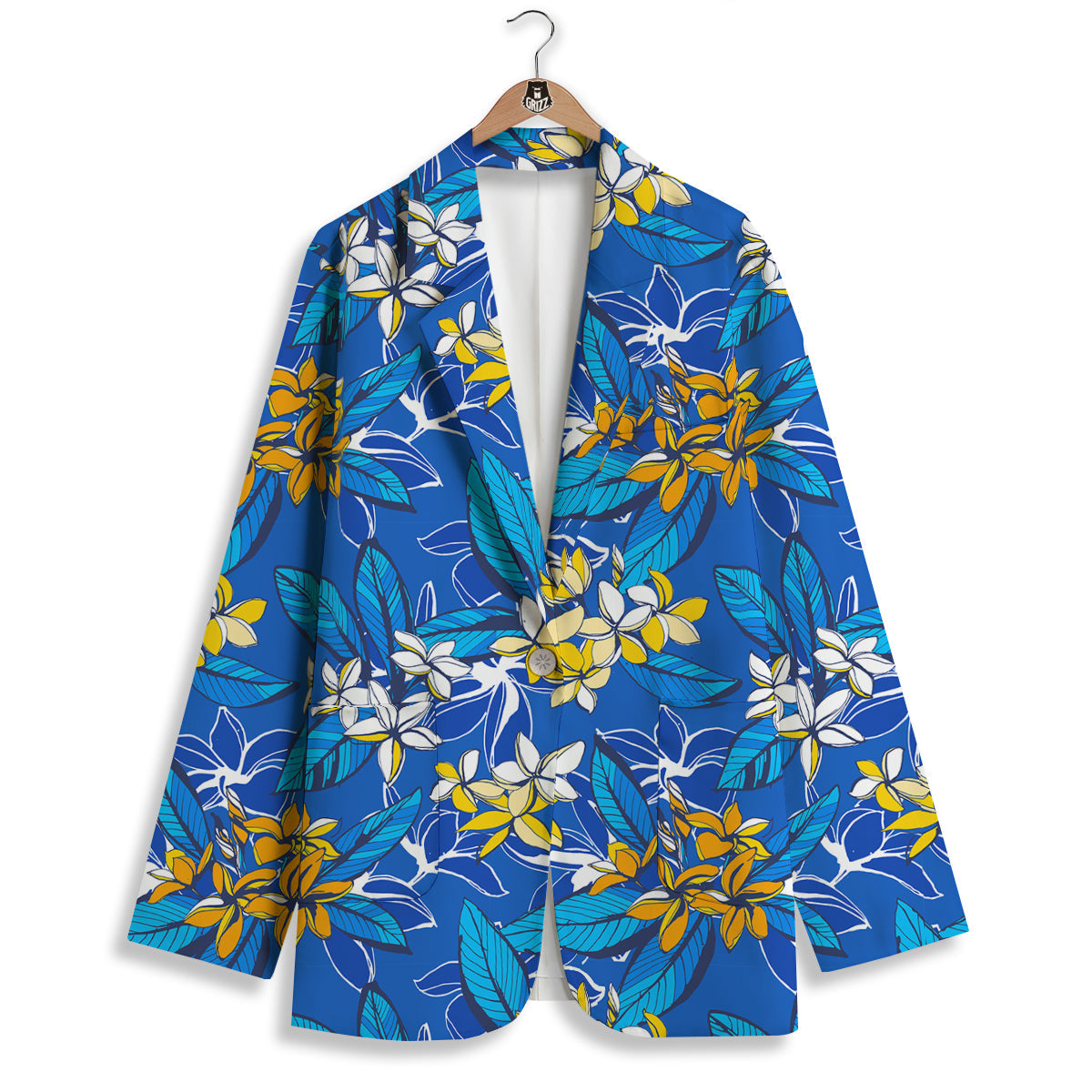 Plumeria Flower Yellow And White Blue Print Pattern Women's Blazer-grizzshop