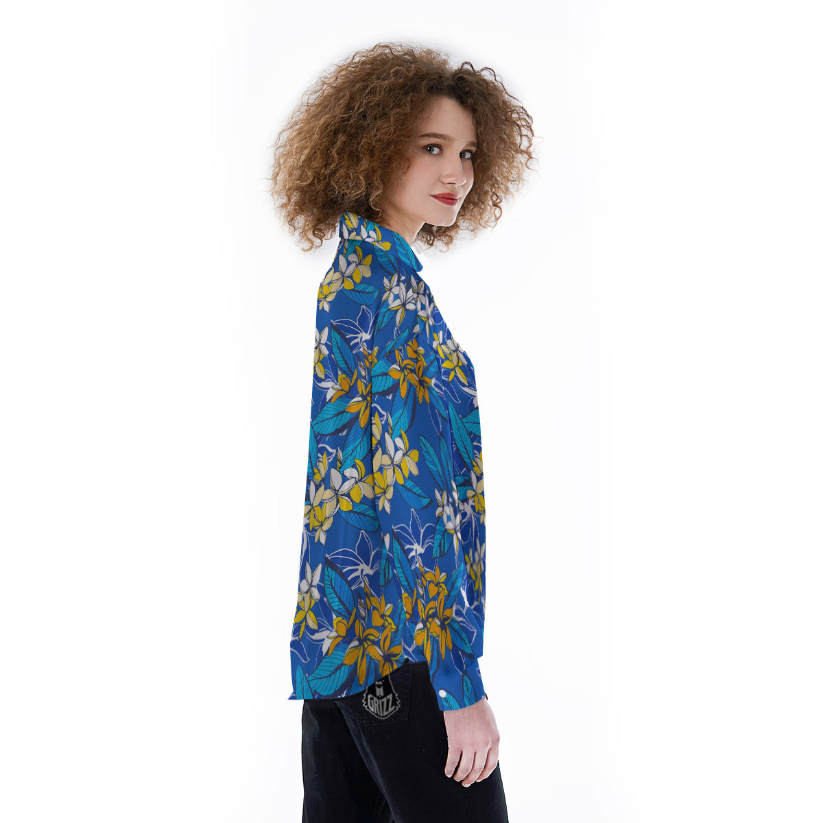 Plumeria Flower Yellow And White Blue Print Pattern Women's Long Sleeve Shirts-grizzshop