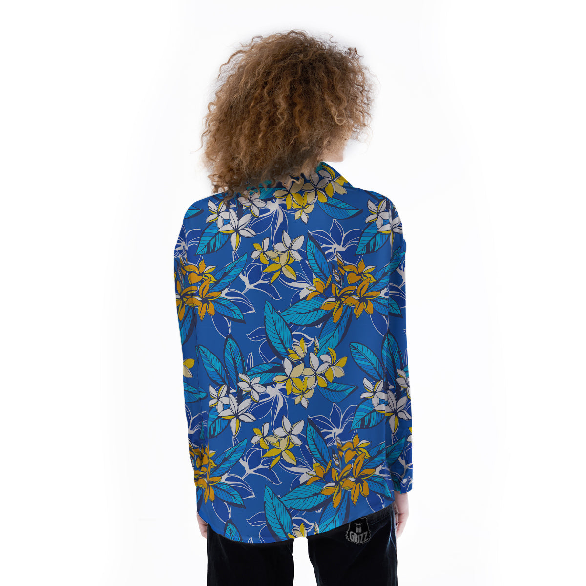 Plumeria Flower Yellow And White Blue Print Pattern Women's Long Sleeve Shirts-grizzshop