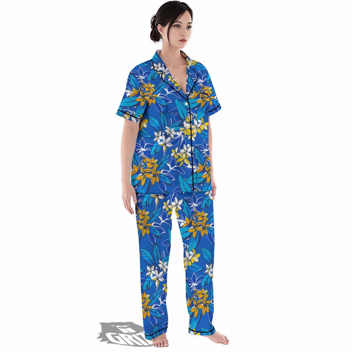 Plumeria Flower Yellow And White Blue Print Pattern Women's Pajamas Set-grizzshop