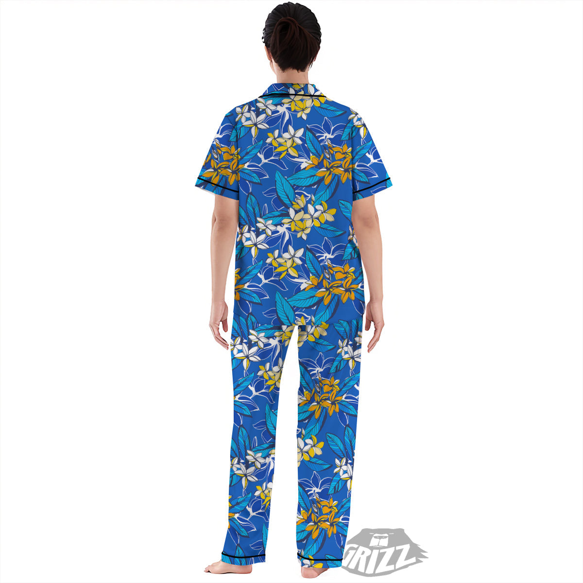 Plumeria Flower Yellow And White Blue Print Pattern Women's Pajamas Set-grizzshop
