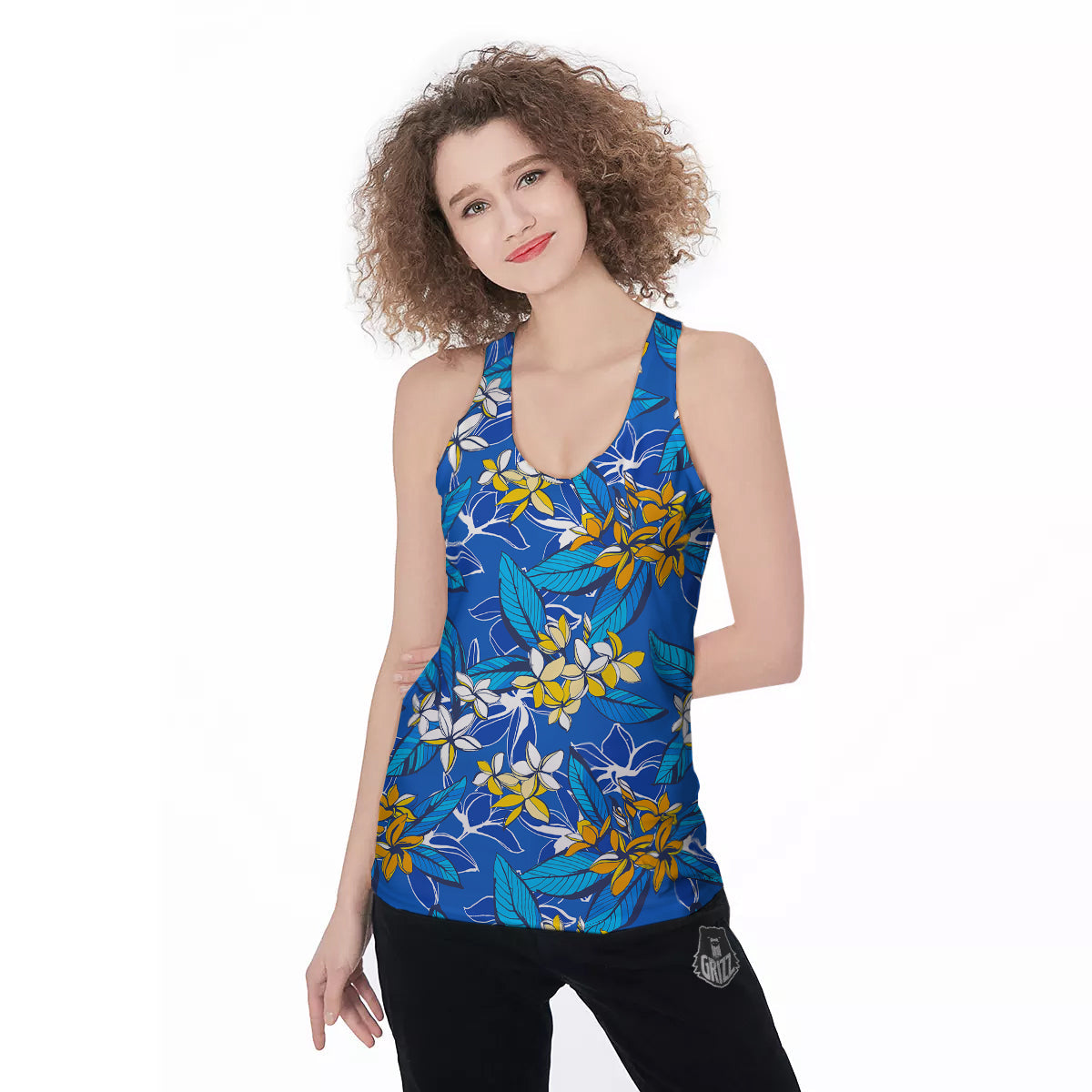 Plumeria Flower Yellow And White Blue Print Pattern Women's Racerback Tank Top-grizzshop