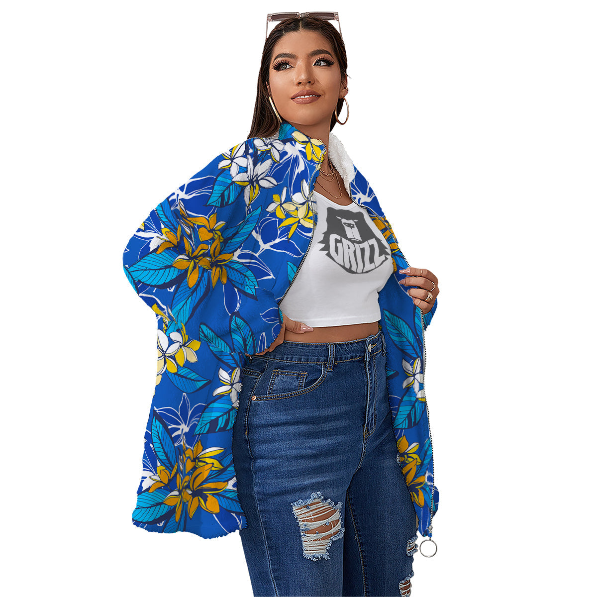Plumeria Flower Yellow And White Blue Print Pattern Women's Sherpa Jacket-grizzshop