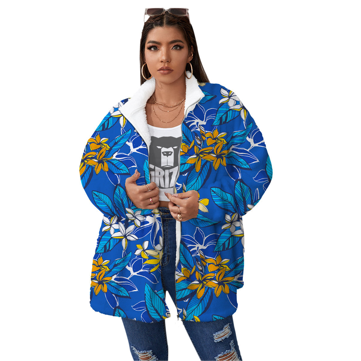 Plumeria Flower Yellow And White Blue Print Pattern Women's Sherpa Jacket-grizzshop