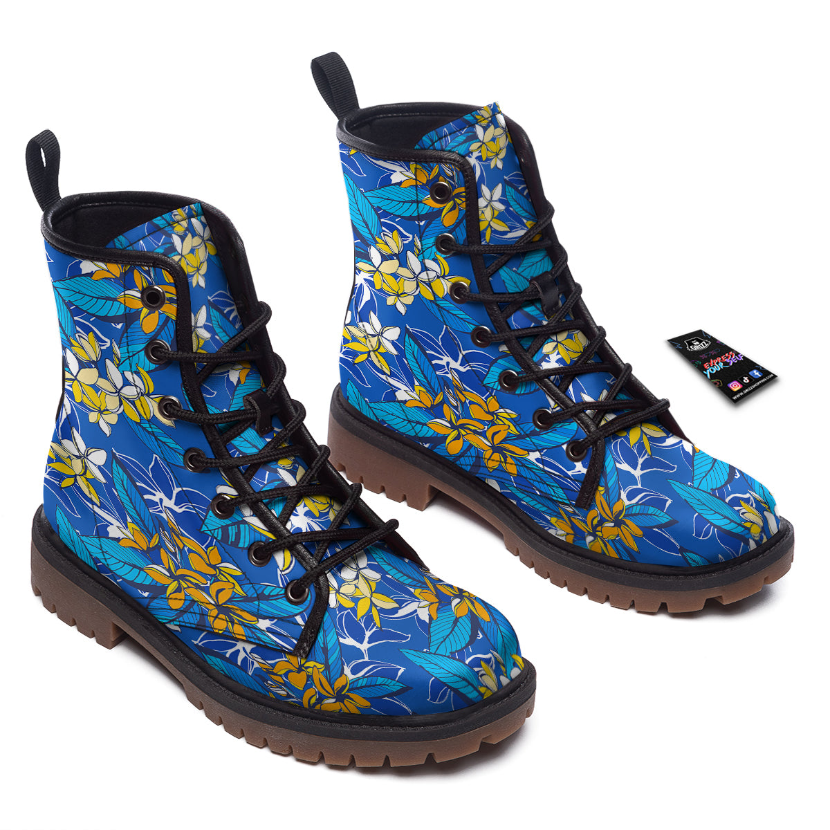 Plumeria Flower Yellow And White Blue Print Pattern Work Boots-grizzshop