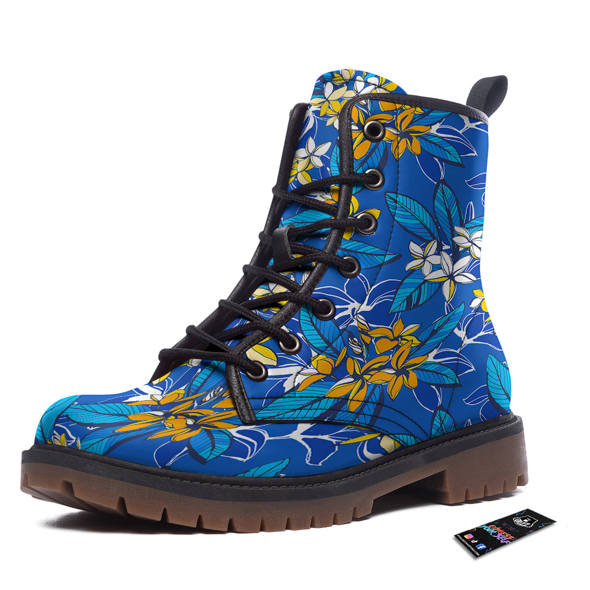 Plumeria Flower Yellow And White Blue Print Pattern Work Boots-grizzshop
