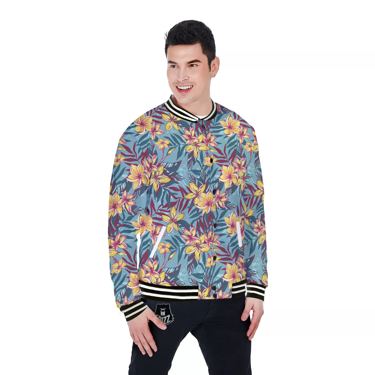 Plumeria Frangipani Tropical Print Pattern Baseball Jacket-grizzshop