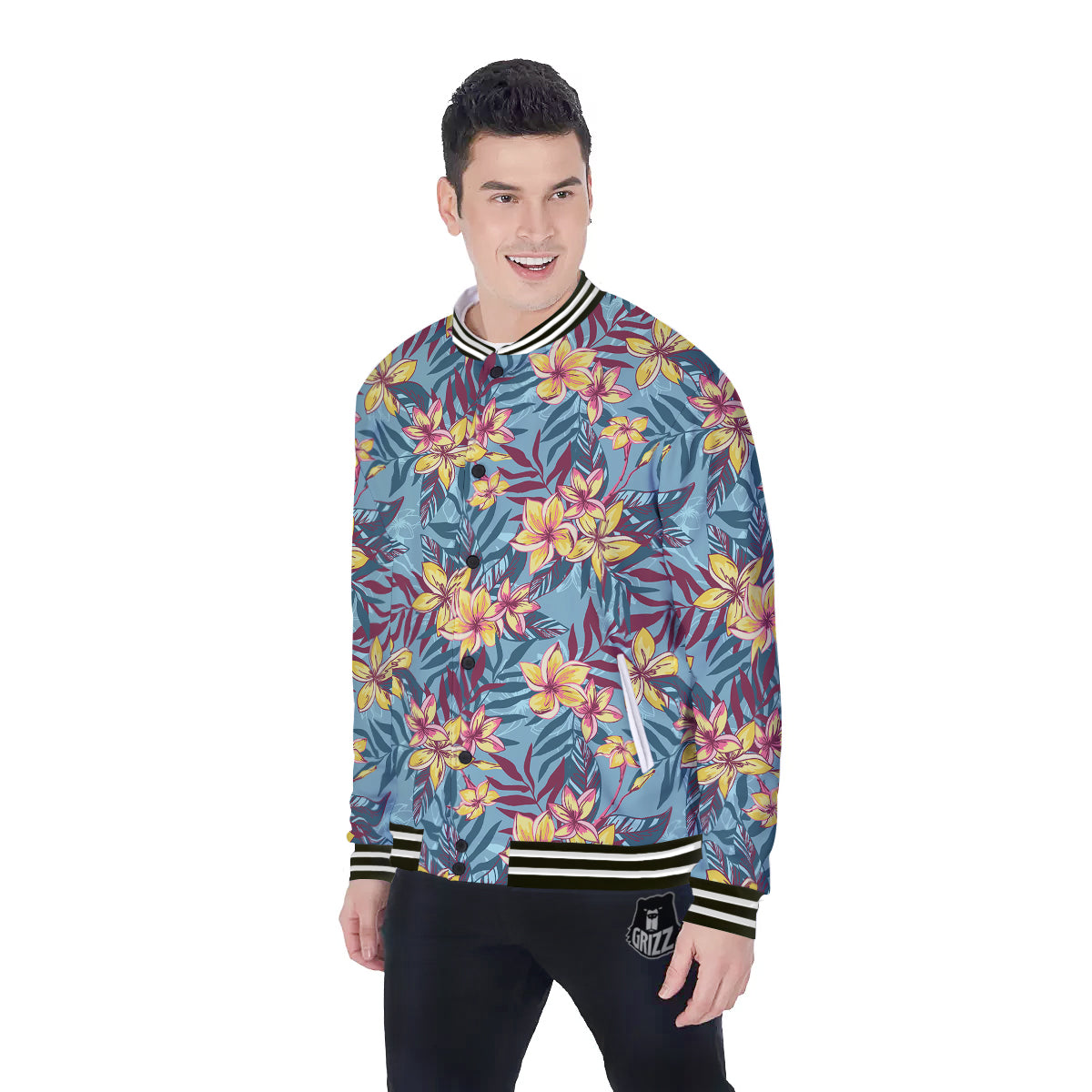 Plumeria Frangipani Tropical Print Pattern Baseball Jacket-grizzshop