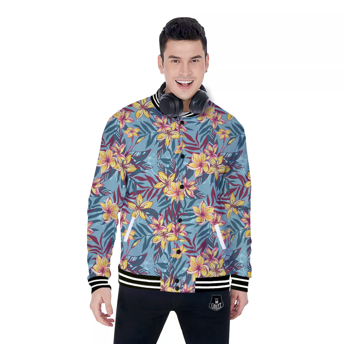 Plumeria Frangipani Tropical Print Pattern Baseball Jacket-grizzshop