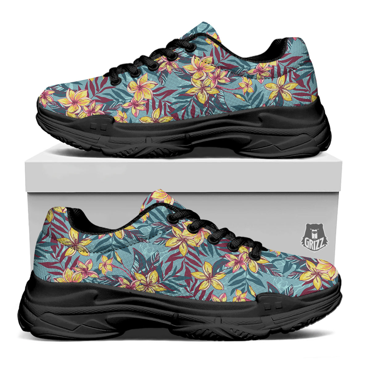 Plumeria Frangipani Tropical Print Pattern Black Chunky Shoes-grizzshop