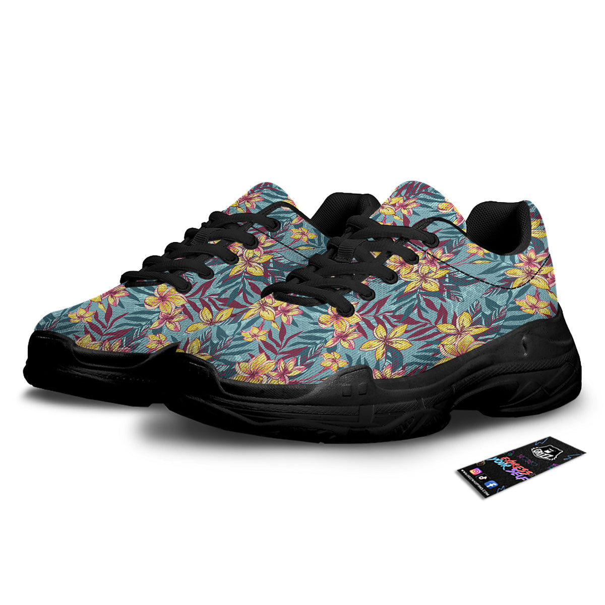 Plumeria Frangipani Tropical Print Pattern Black Chunky Shoes-grizzshop