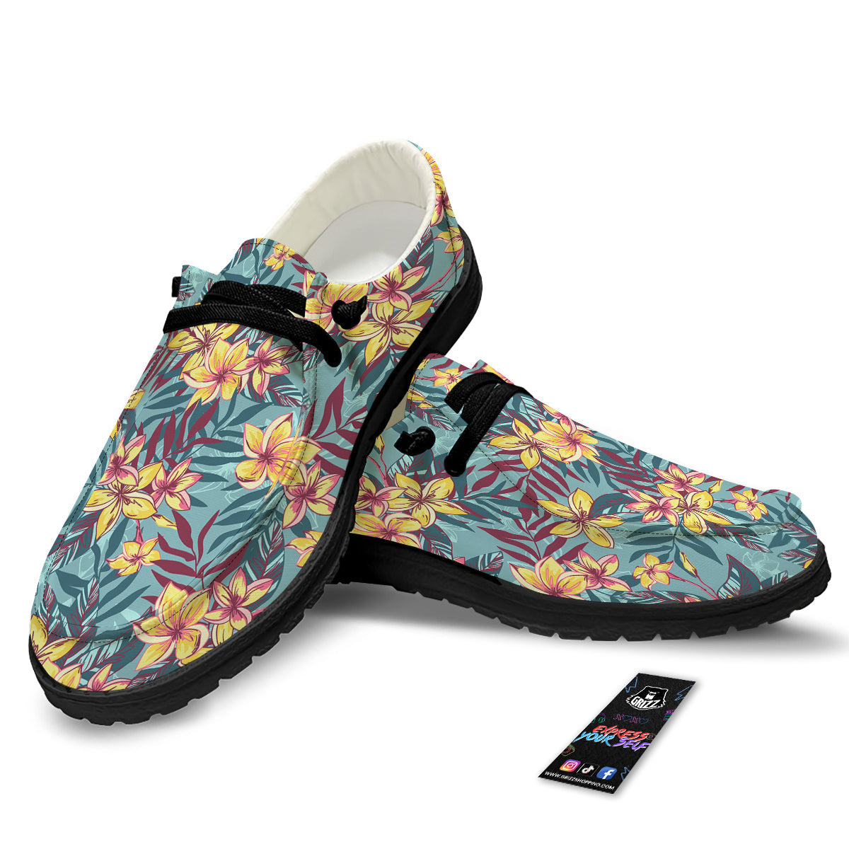 Plumeria Frangipani Tropical Print Pattern Black Loafers-grizzshop
