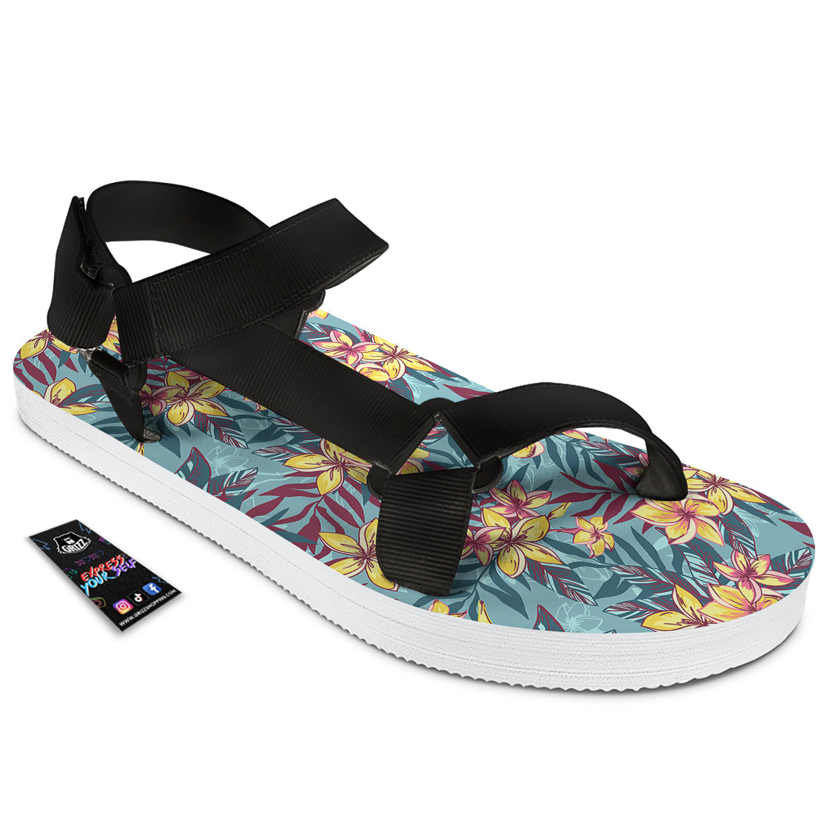 Plumeria Frangipani Tropical Print Pattern Black Open Toe Sandals-grizzshop