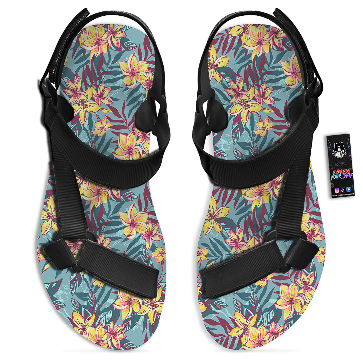 Plumeria Frangipani Tropical Print Pattern Black Open Toe Sandals-grizzshop