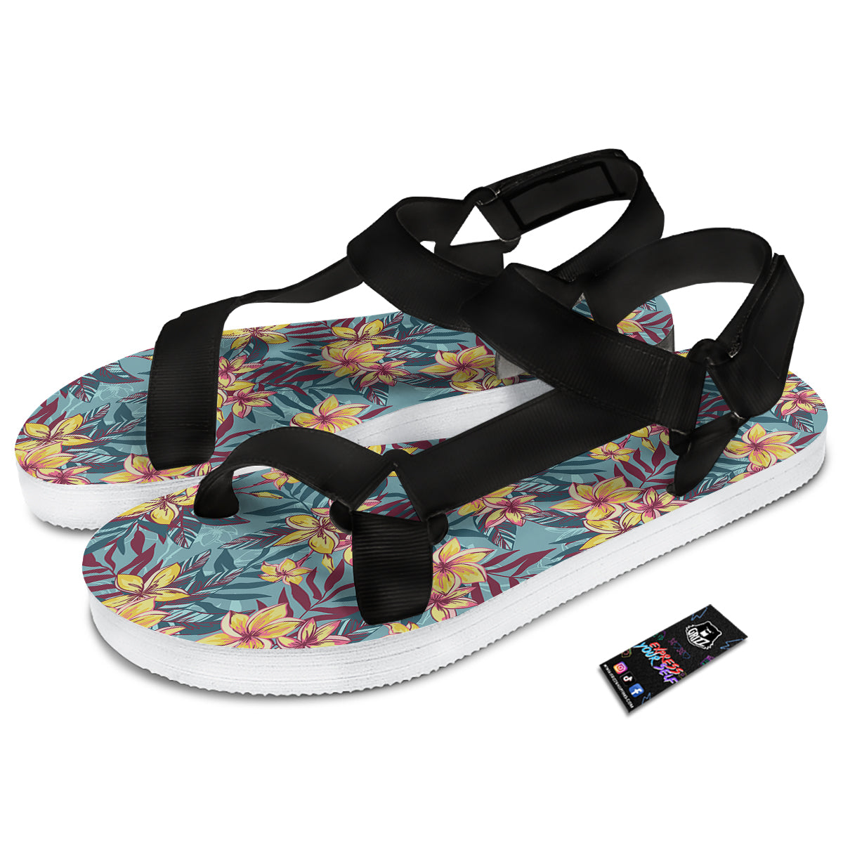 Plumeria Frangipani Tropical Print Pattern Black Open Toe Sandals-grizzshop