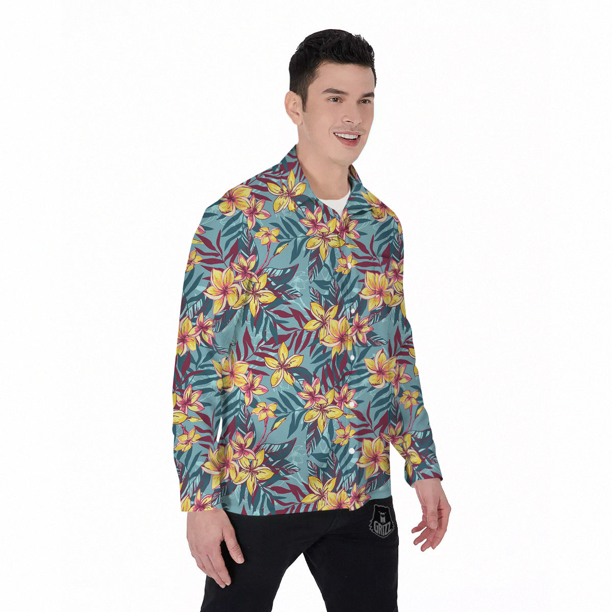 Plumeria Frangipani Tropical Print Pattern Men's Long Sleeve Shirts-grizzshop