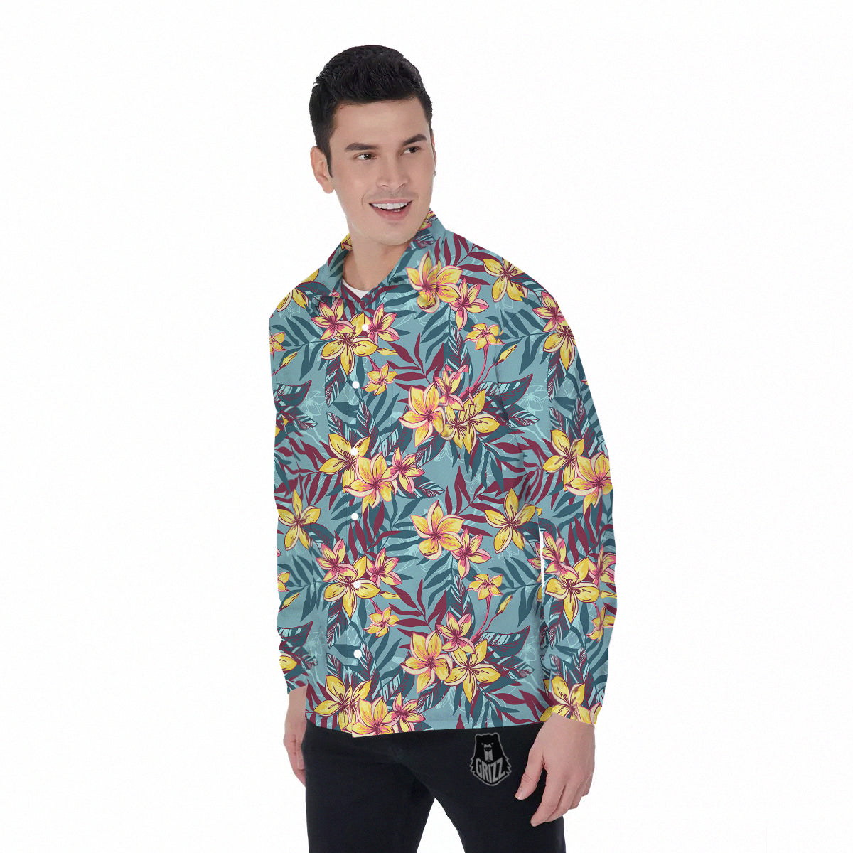 Plumeria Frangipani Tropical Print Pattern Men's Long Sleeve Shirts-grizzshop