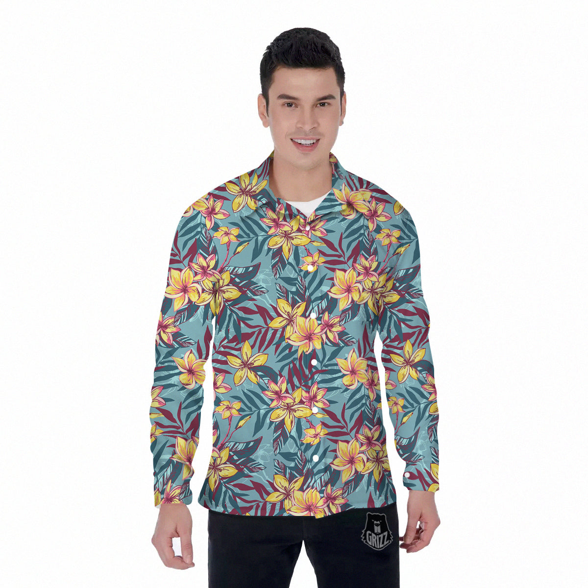 Plumeria Frangipani Tropical Print Pattern Men's Long Sleeve Shirts-grizzshop