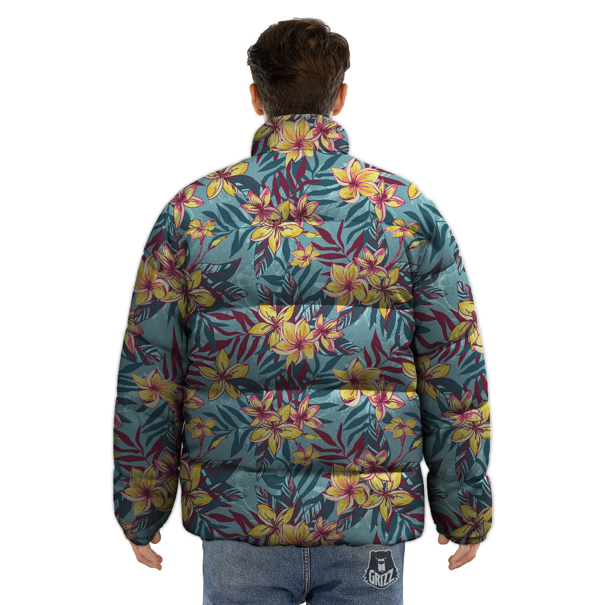 Plumeria Frangipani Tropical Print Pattern Puffer Jacket-grizzshop