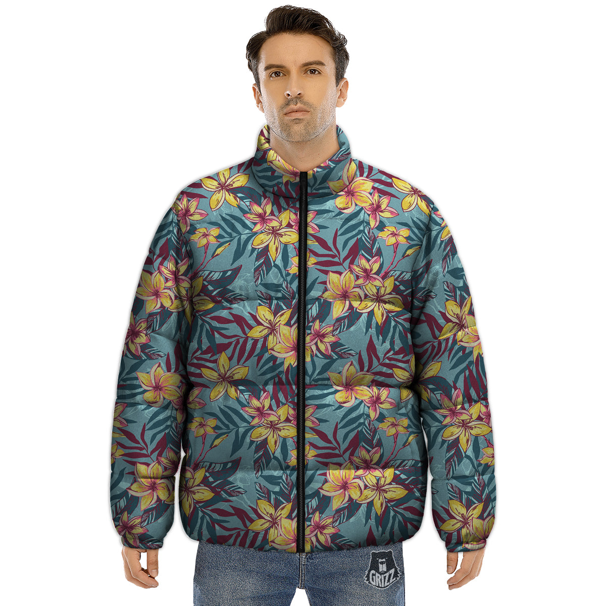 Plumeria Frangipani Tropical Print Pattern Puffer Jacket-grizzshop