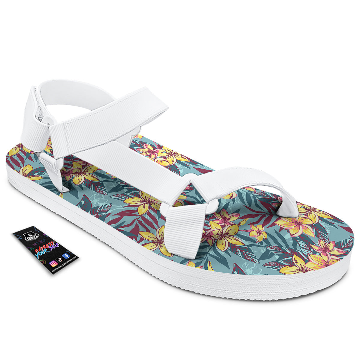 Plumeria Frangipani Tropical Print Pattern White Open Toe Sandals-grizzshop