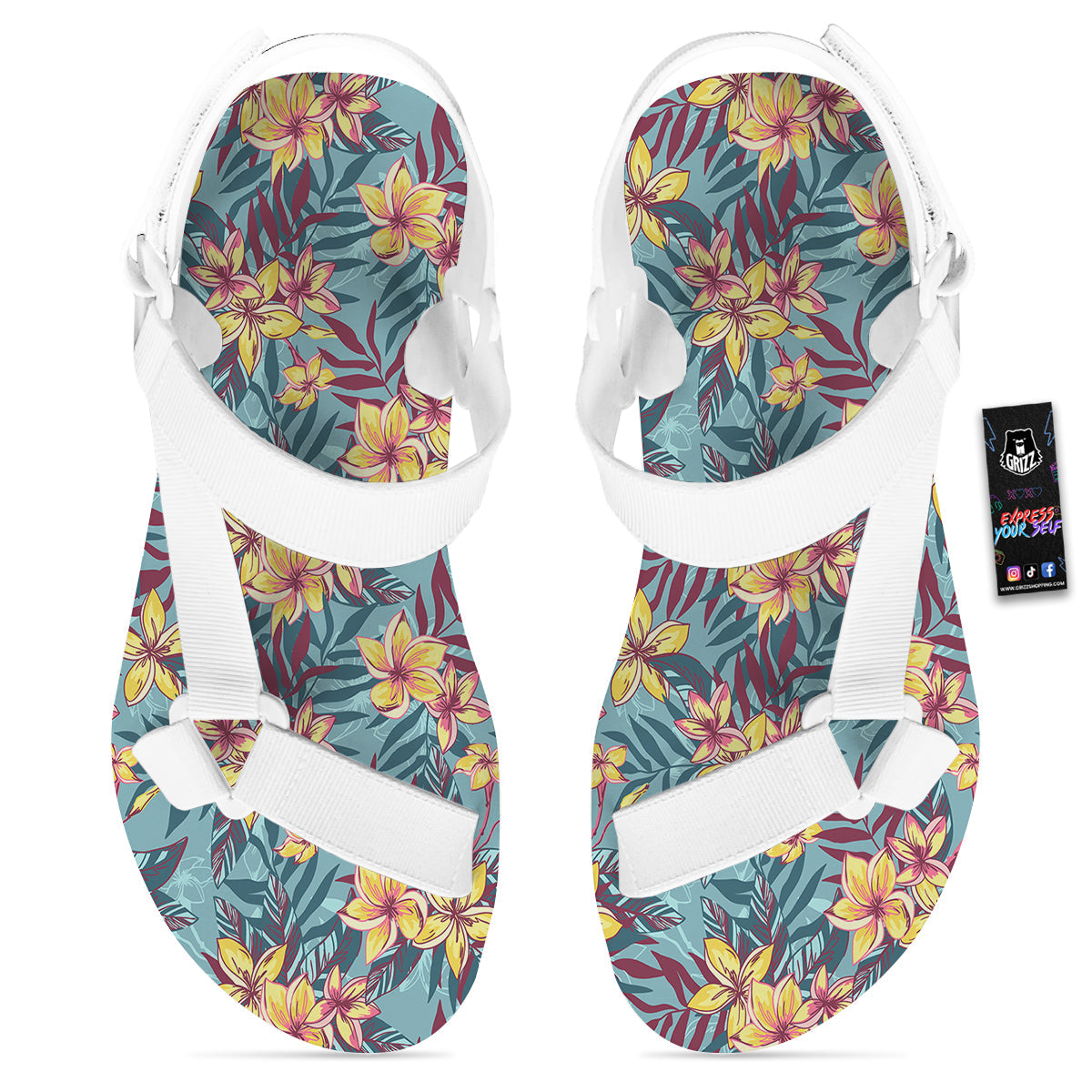 Plumeria Frangipani Tropical Print Pattern White Open Toe Sandals-grizzshop