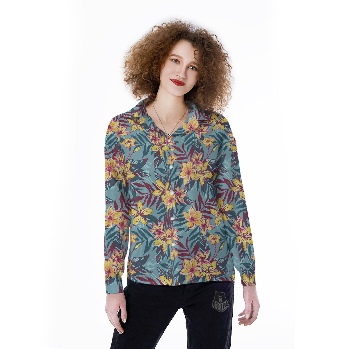 Plumeria Frangipani Tropical Print Pattern Women's Long Sleeve Shirts-grizzshop