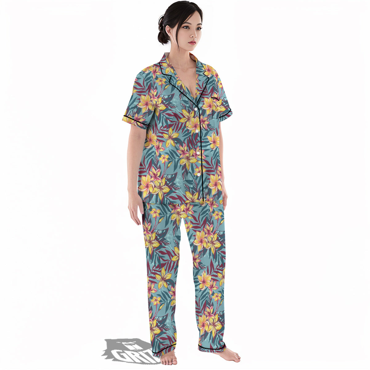 Plumeria Frangipani Tropical Print Pattern Women's Pajamas Set-grizzshop