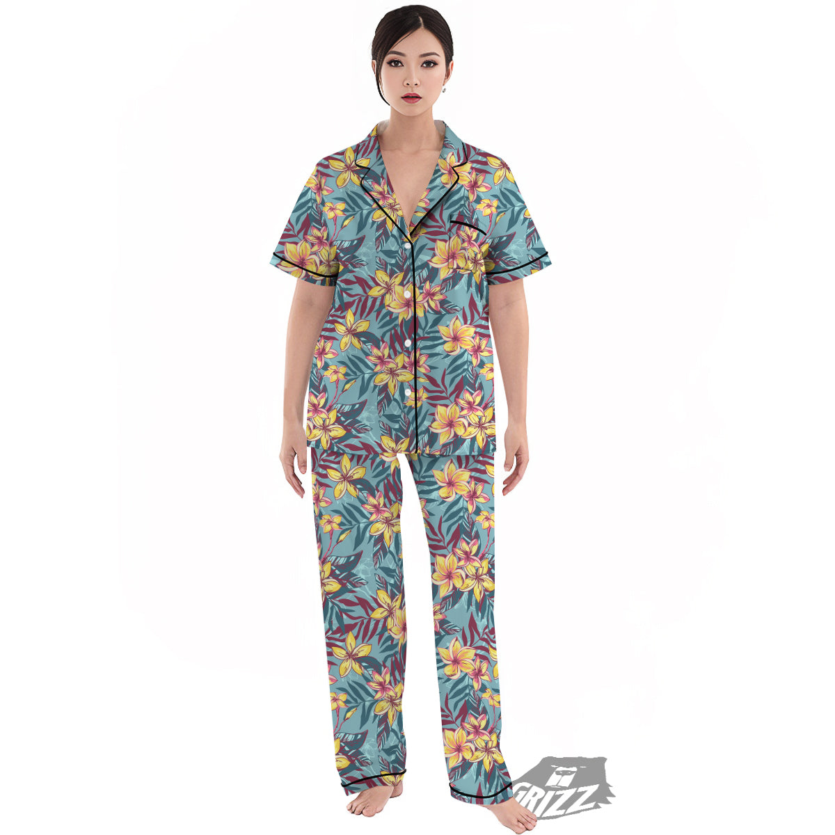 Plumeria Frangipani Tropical Print Pattern Women's Pajamas Set-grizzshop